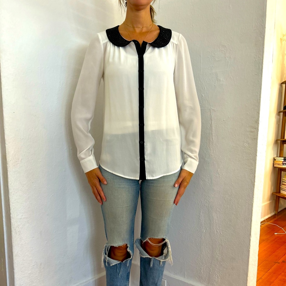 White Blouse with black sequined collar